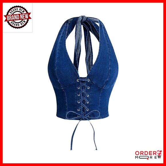 Tops - Denim Corset Top Halter Backless Shirred Y2K Crop Tops Women's Chic